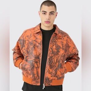 Men’s Boxy Printed PU Collared Bomber Jacket boohooMAN